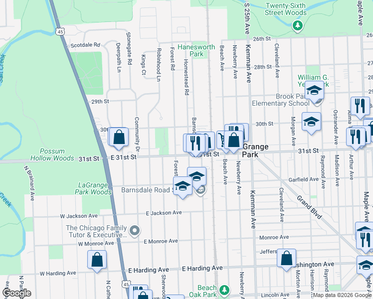 map of restaurants, bars, coffee shops, grocery stores, and more near 1111 Homestead Road in La Grange Park