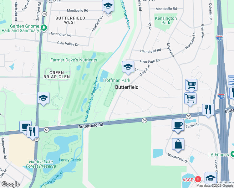 map of restaurants, bars, coffee shops, grocery stores, and more near 2S550 Gray Avenue in Lombard