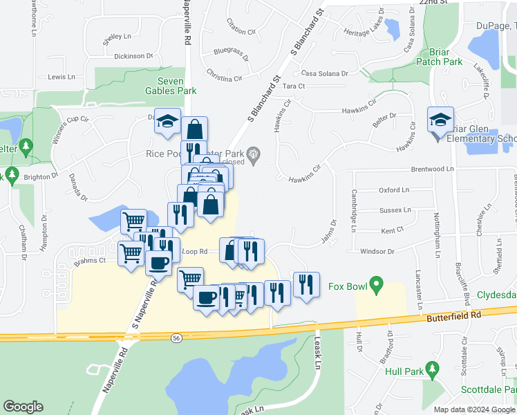 map of restaurants, bars, coffee shops, grocery stores, and more near 32 Sterling Circle in Wheaton