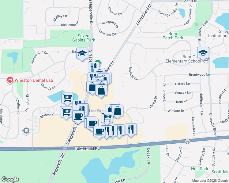 map of restaurants, bars, coffee shops, grocery stores, and more near 32 Sterling Circle in Wheaton
