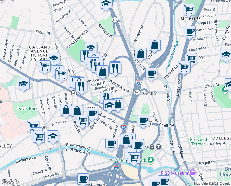 map of restaurants, bars, coffee shops, grocery stores, and more near 41 Goddard Street in Providence
