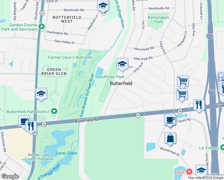 map of restaurants, bars, coffee shops, grocery stores, and more near 2S550 Gray Avenue in Lombard