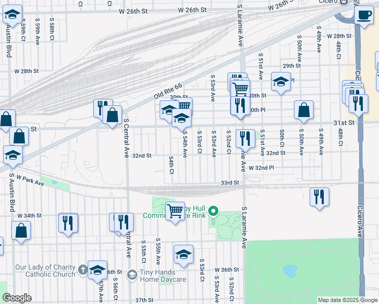 map of restaurants, bars, coffee shops, grocery stores, and more near 3140 South 53rd Court in Cicero