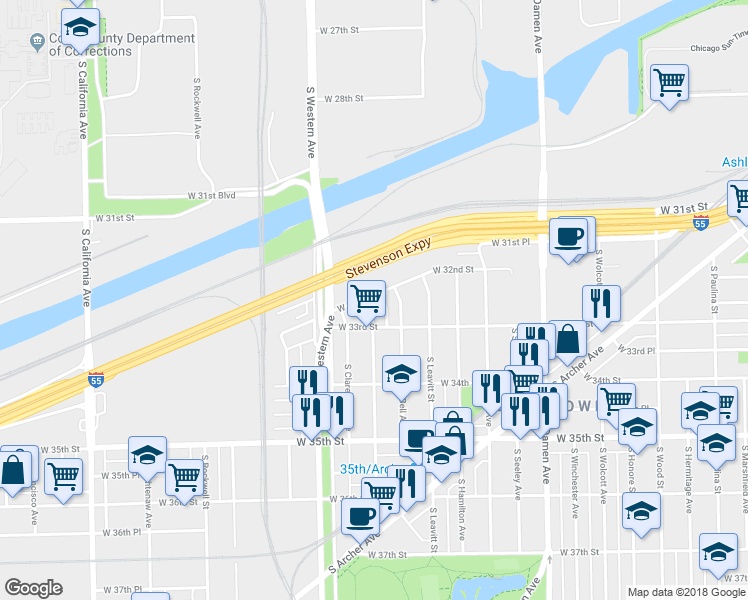 map of restaurants, bars, coffee shops, grocery stores, and more near 3231 South Oakley Avenue in Chicago