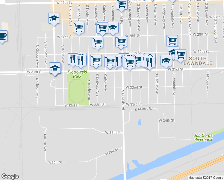 map of restaurants, bars, coffee shops, grocery stores, and more near 3204 South Komensky Avenue in Chicago