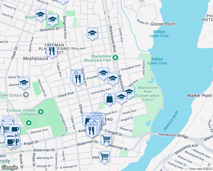 map of restaurants, bars, coffee shops, grocery stores, and more near 525 Lloyd Avenue in Providence