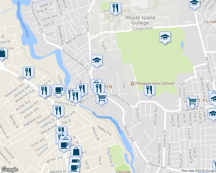 map of restaurants, bars, coffee shops, grocery stores, and more near 70 Huber Avenue in Providence