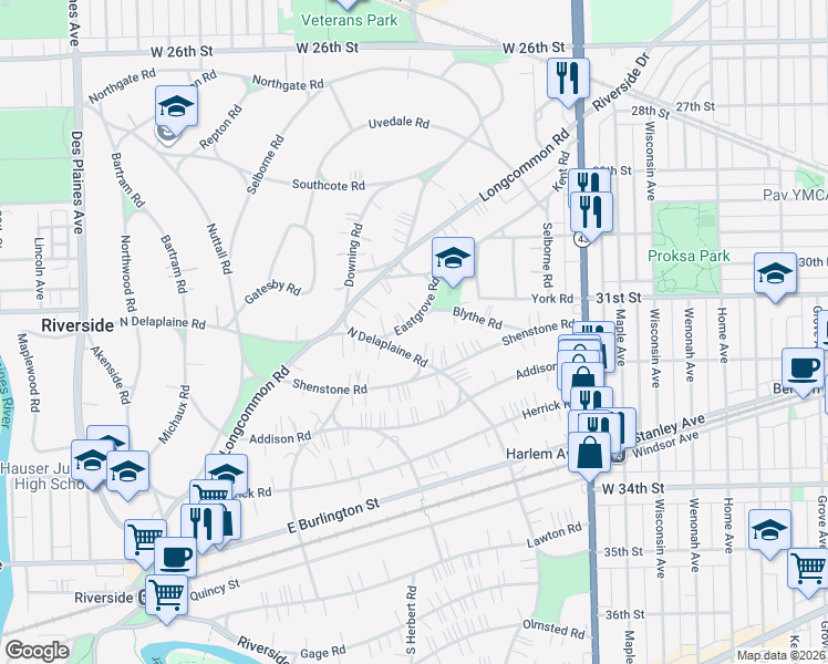 map of restaurants, bars, coffee shops, grocery stores, and more near 331 Eastgrove Road in Riverside