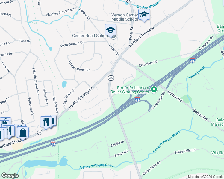 map of restaurants, bars, coffee shops, grocery stores, and more near 5 Whitman Lane in Vernon
