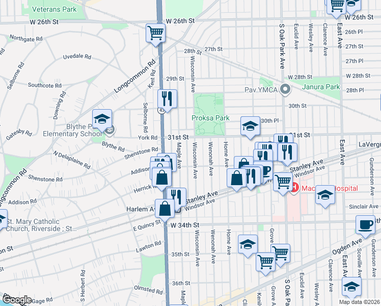 map of restaurants, bars, coffee shops, grocery stores, and more near 3120 Wisconsin Avenue in Berwyn