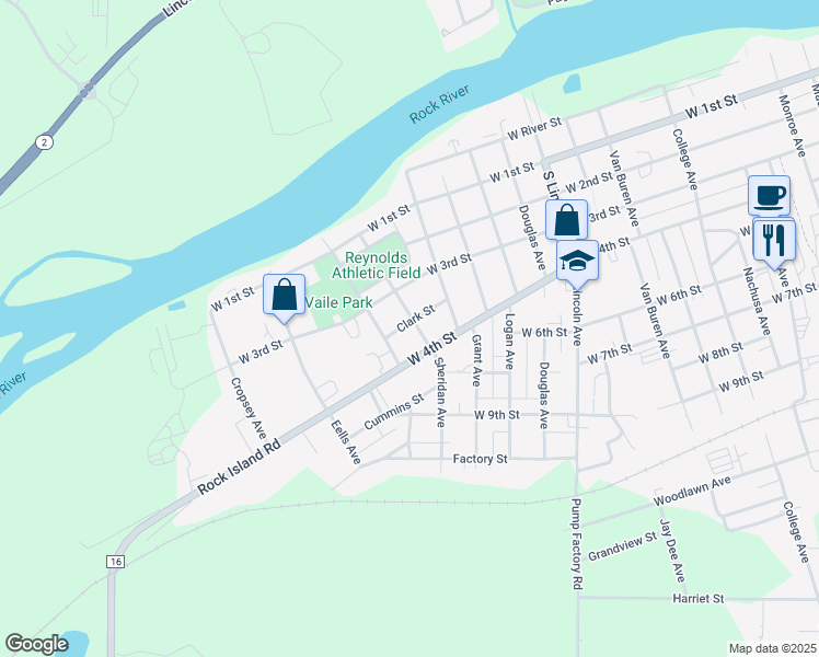 map of restaurants, bars, coffee shops, grocery stores, and more near 325 Sheridan Avenue in Dixon