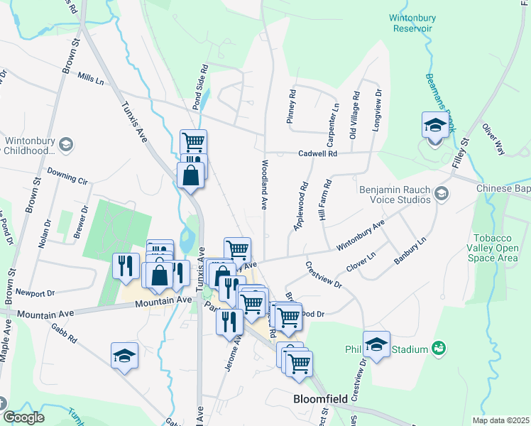 map of restaurants, bars, coffee shops, grocery stores, and more near 14 Woodland Avenue in Bloomfield