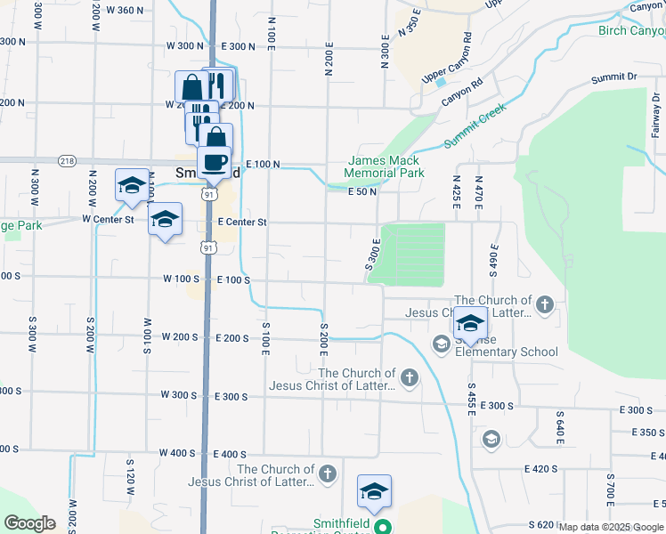 map of restaurants, bars, coffee shops, grocery stores, and more near 76 South 200 East in Smithfield