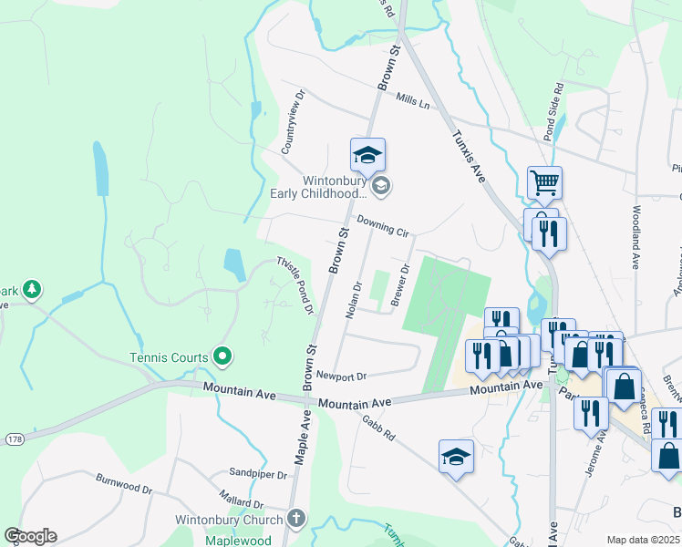 map of restaurants, bars, coffee shops, grocery stores, and more near 27 Nolan Drive in Bloomfield