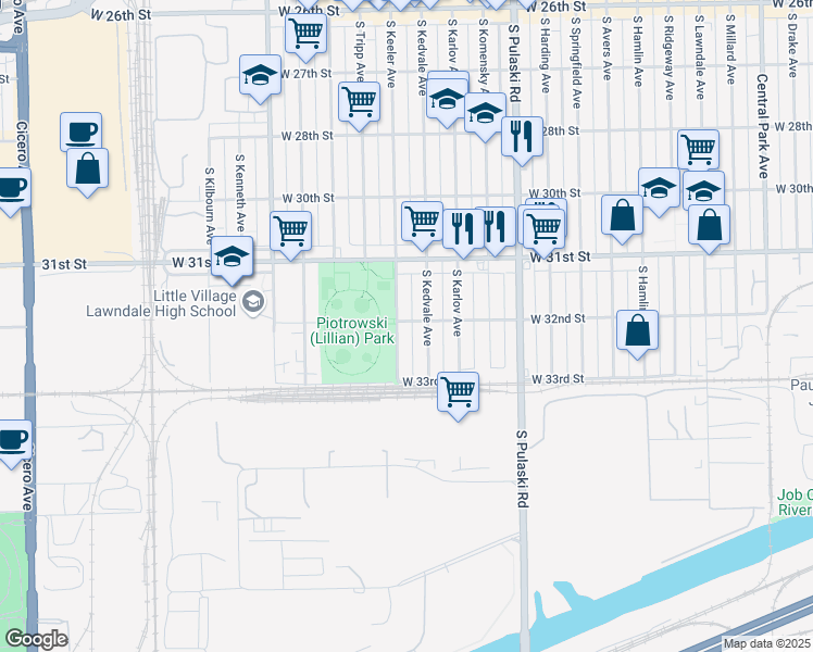 map of restaurants, bars, coffee shops, grocery stores, and more near 3201 South Keeler Avenue in Chicago
