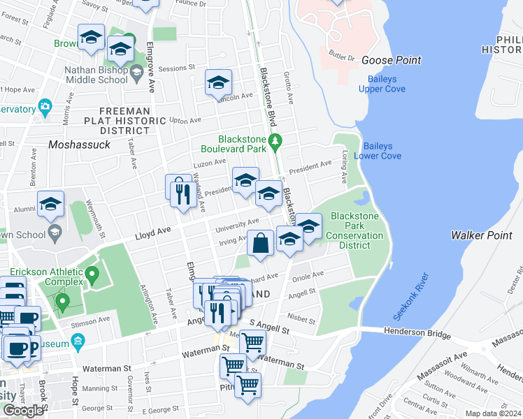 map of restaurants, bars, coffee shops, grocery stores, and more near 525 Lloyd Avenue in Providence