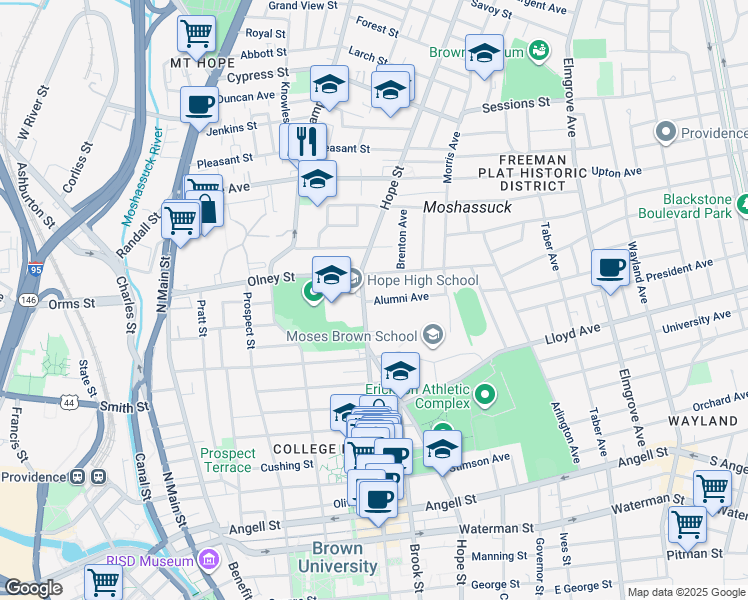 map of restaurants, bars, coffee shops, grocery stores, and more near 335 Hope Street in Providence