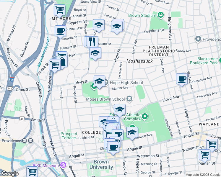 map of restaurants, bars, coffee shops, grocery stores, and more near 335 Hope Street in Providence