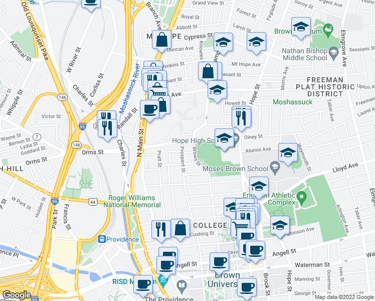 map of restaurants, bars, coffee shops, grocery stores, and more near 42 Hidden Street in Providence