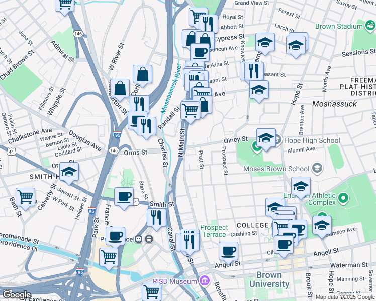 map of restaurants, bars, coffee shops, grocery stores, and more near 3 Pratt Street in Providence