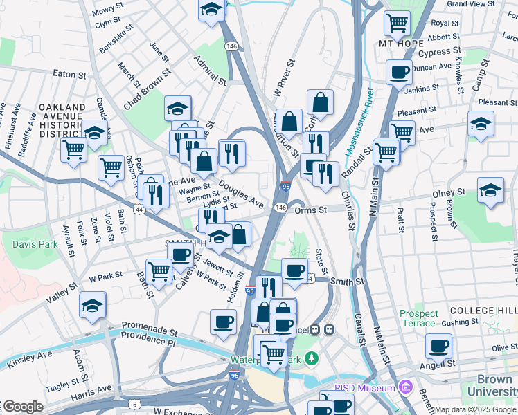 map of restaurants, bars, coffee shops, grocery stores, and more near 21 North Davis Street in Providence