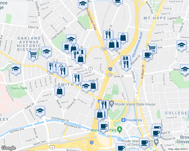 map of restaurants, bars, coffee shops, grocery stores, and more near 12 Goddard Street in Providence