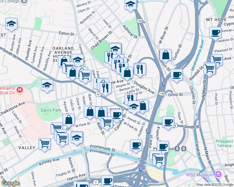 map of restaurants, bars, coffee shops, grocery stores, and more near 28 Candace Street in Providence