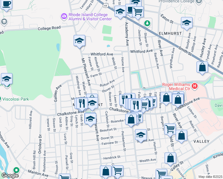 map of restaurants, bars, coffee shops, grocery stores, and more near 75 Glover Street in Providence