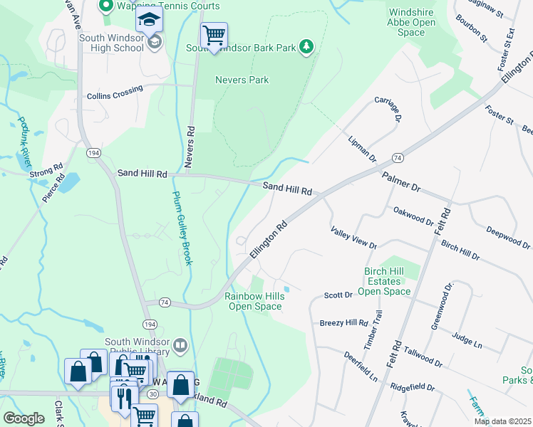 map of restaurants, bars, coffee shops, grocery stores, and more near 1508 Summer Hill Drive in South Windsor