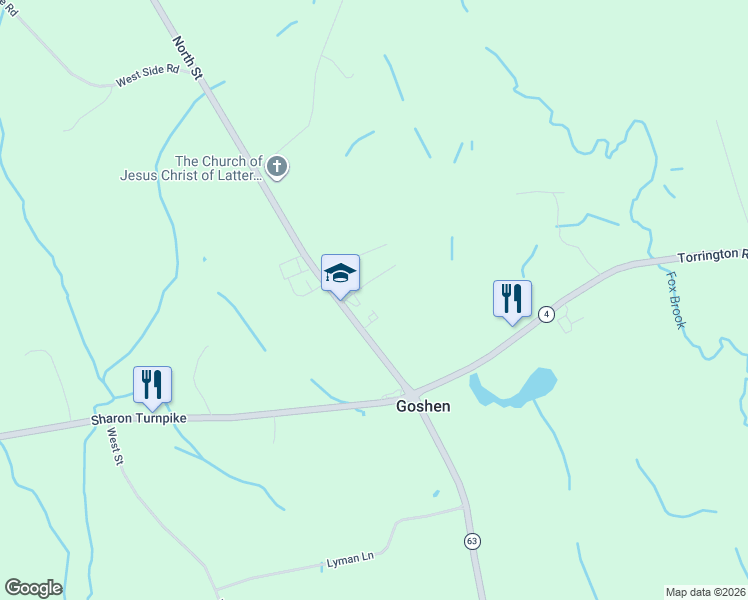 map of restaurants, bars, coffee shops, grocery stores, and more near 42 North Street in Goshen