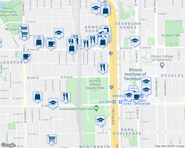 map of restaurants, bars, coffee shops, grocery stores, and more near 3246 South Princeton Avenue in Chicago