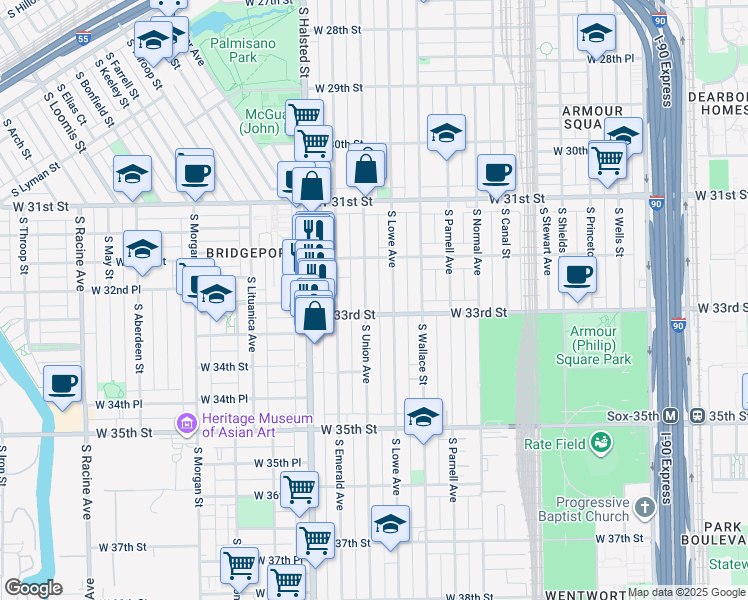 map of restaurants, bars, coffee shops, grocery stores, and more near 3241 South Union Avenue in Chicago