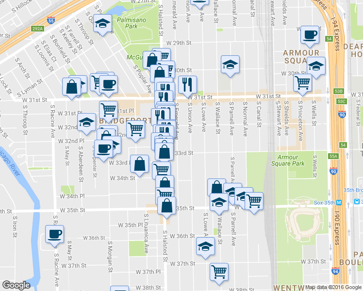 map of restaurants, bars, coffee shops, grocery stores, and more near 3240 South Emerald Avenue in Chicago