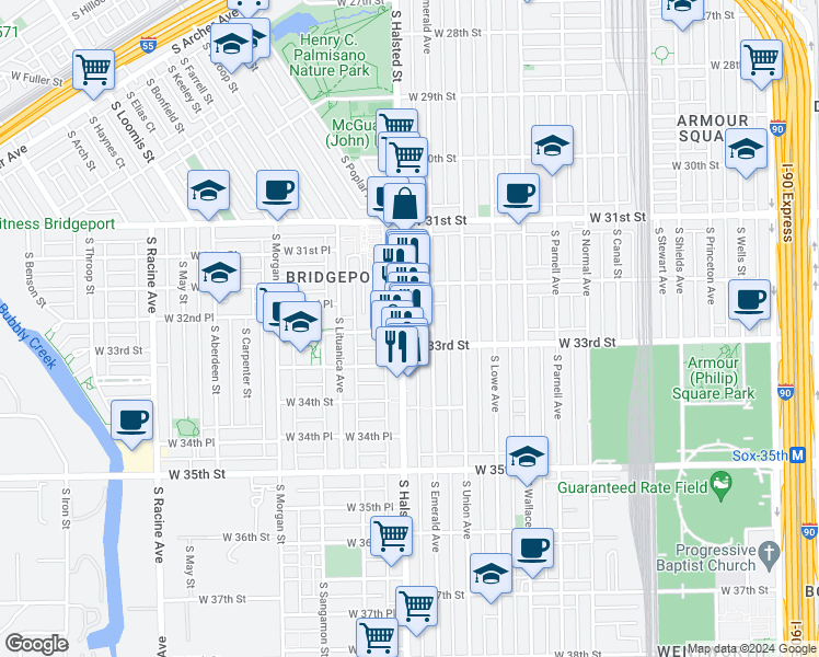 map of restaurants, bars, coffee shops, grocery stores, and more near 3252 South Halsted Street in Chicago