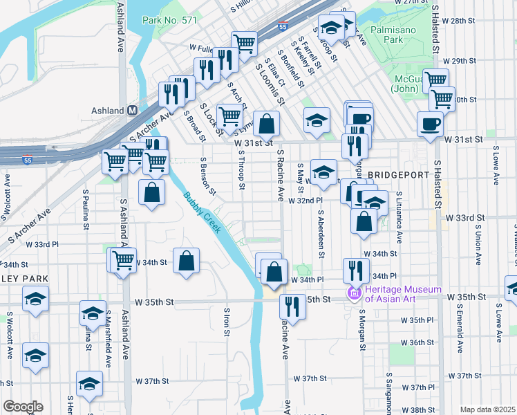 map of restaurants, bars, coffee shops, grocery stores, and more near 1225 West 32nd Place in Chicago