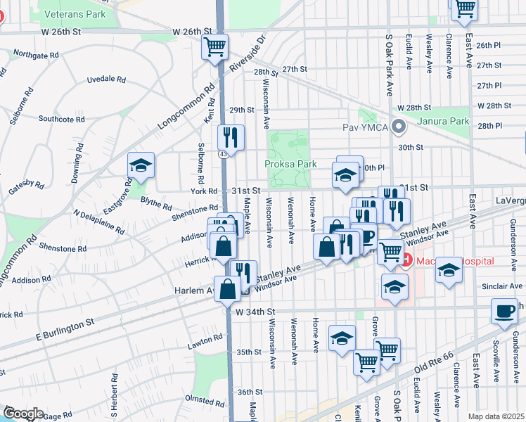 map of restaurants, bars, coffee shops, grocery stores, and more near 3120 Wisconsin Avenue in Berwyn
