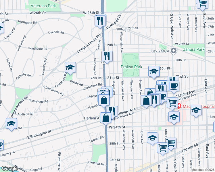 map of restaurants, bars, coffee shops, grocery stores, and more near 3119 South Harlem Avenue in Berwyn