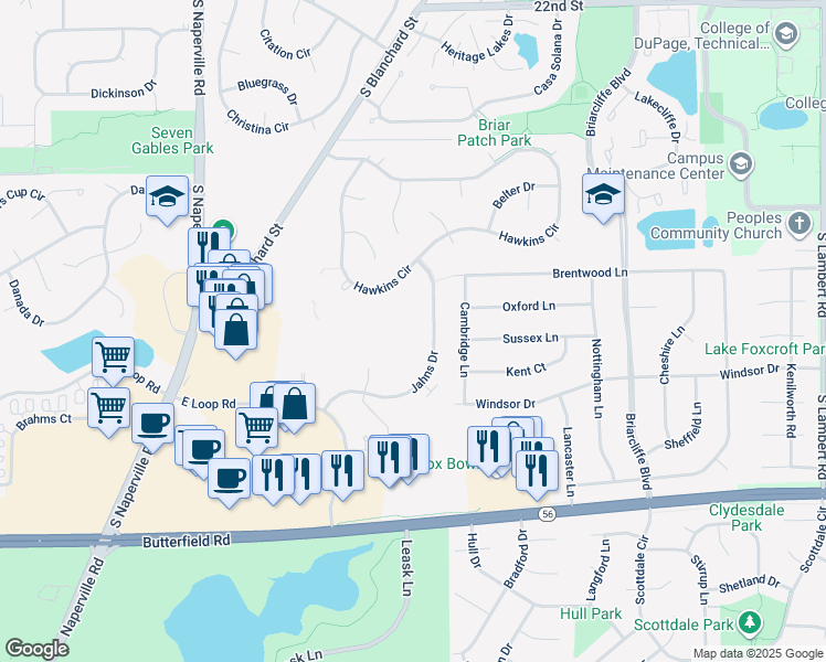 map of restaurants, bars, coffee shops, grocery stores, and more near 71 Kensington Circle in Wheaton