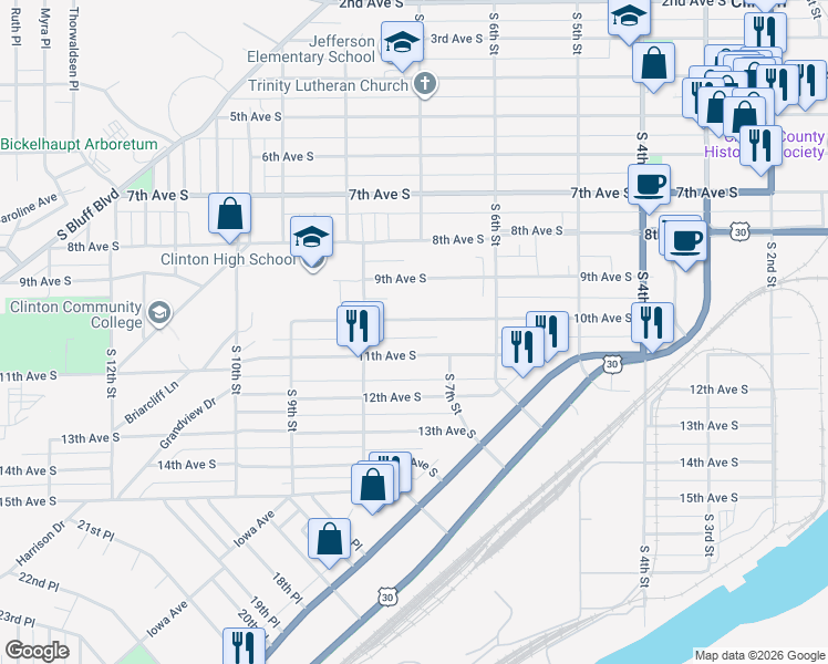 map of restaurants, bars, coffee shops, grocery stores, and more near 601-799 10th Ave S in Clinton