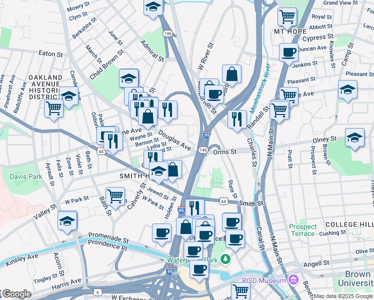 map of restaurants, bars, coffee shops, grocery stores, and more near 24 Douglas Avenue in Providence