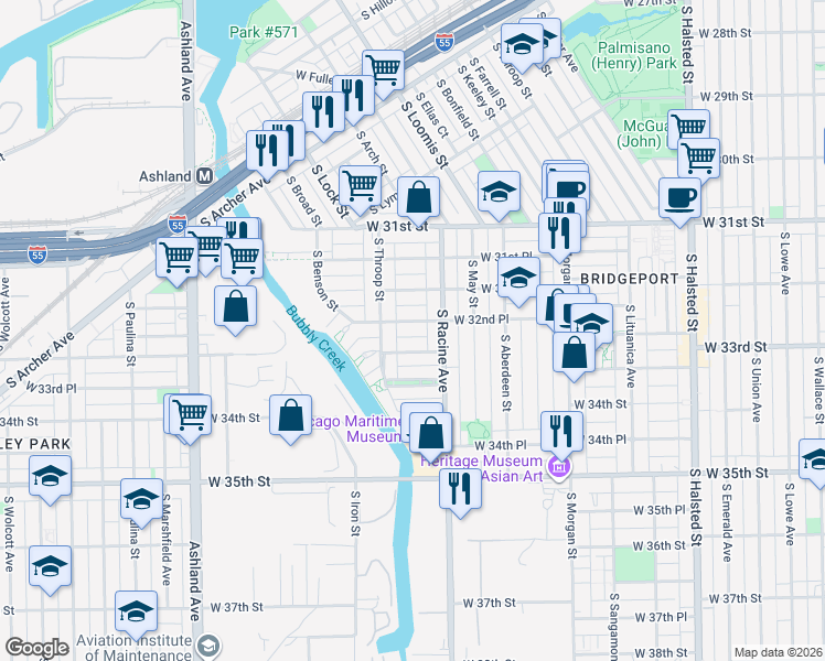 map of restaurants, bars, coffee shops, grocery stores, and more near 1225 West 32nd Place in Chicago