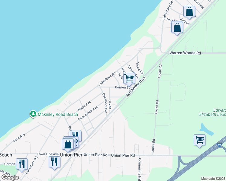 map of restaurants, bars, coffee shops, grocery stores, and more near 9680 Berrien Street in Union Pier