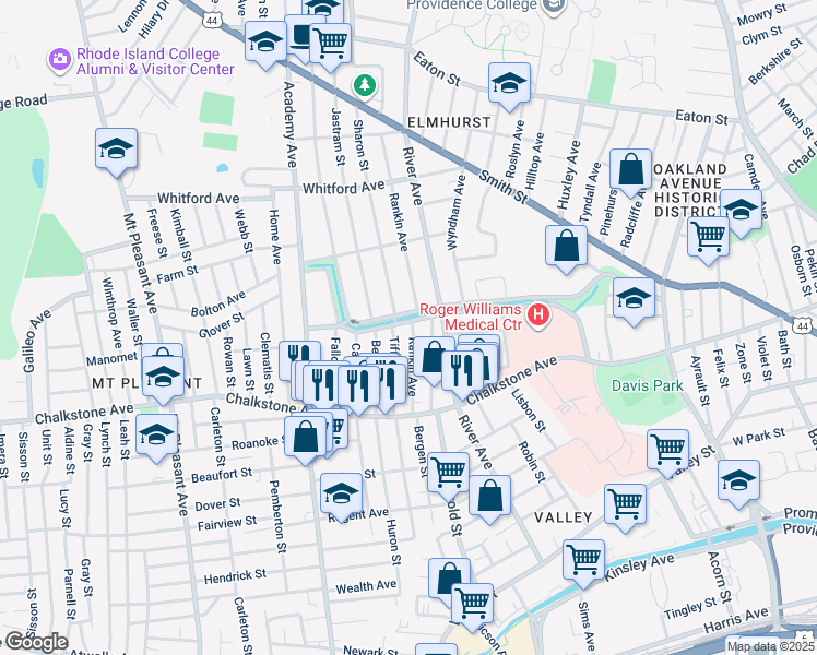 map of restaurants, bars, coffee shops, grocery stores, and more near 542 Pleasant Valley Parkway in Providence