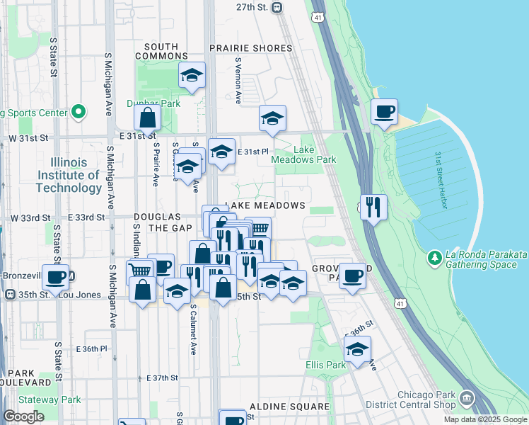 map of restaurants, bars, coffee shops, grocery stores, and more near 500 East 33rd Street in Chicago