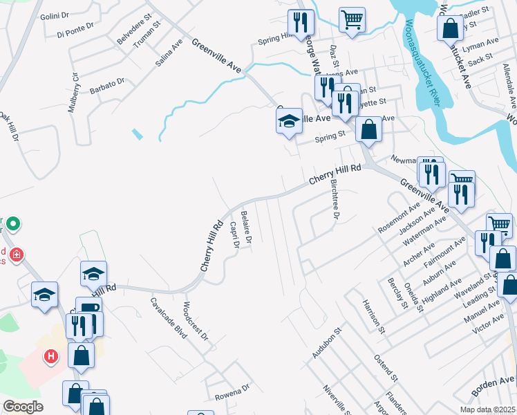 map of restaurants, bars, coffee shops, grocery stores, and more near 3 Columbus Avenue in Johnston