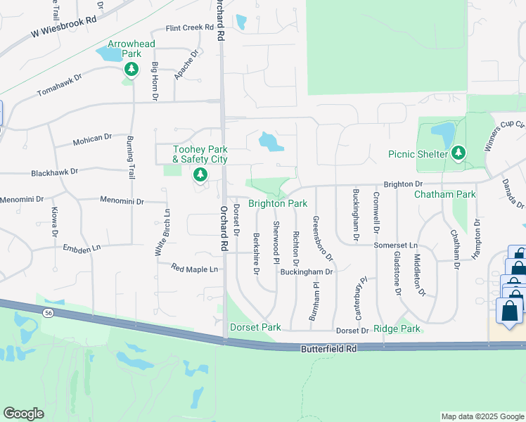map of restaurants, bars, coffee shops, grocery stores, and more near 1264 Brighton Drive in Wheaton