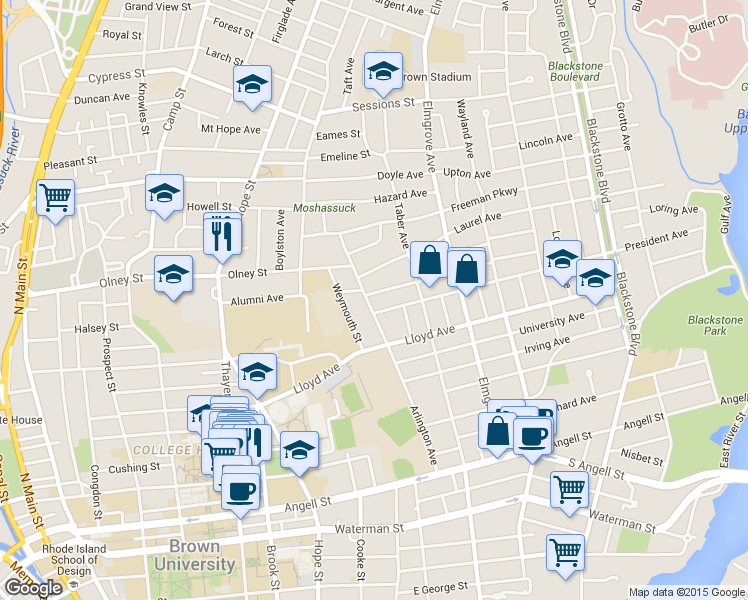 map of restaurants, bars, coffee shops, grocery stores, and more near 163 Arlington Avenue in Providence