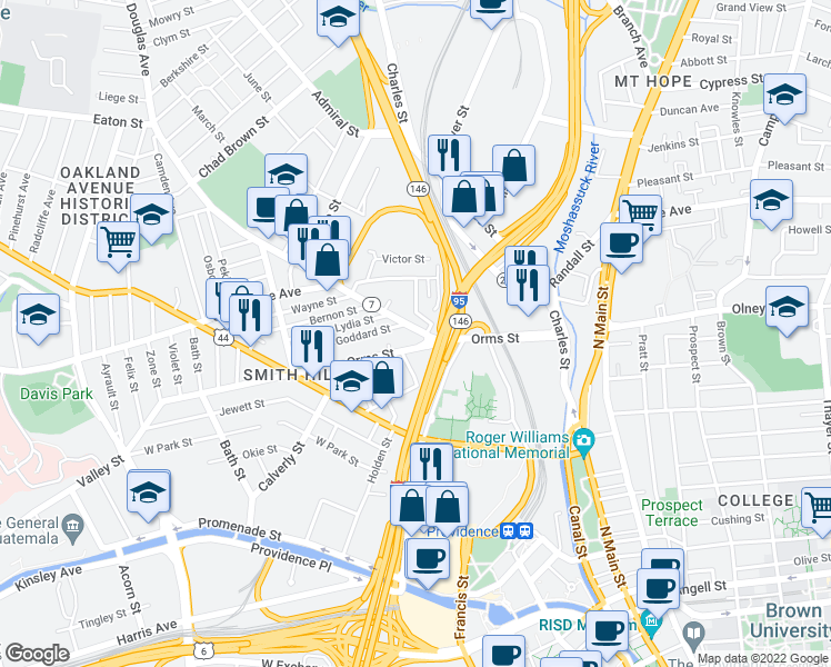 map of restaurants, bars, coffee shops, grocery stores, and more near 24 Douglas Avenue in Providence