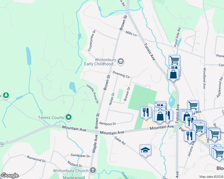 map of restaurants, bars, coffee shops, grocery stores, and more near 27 Nolan Drive in Bloomfield