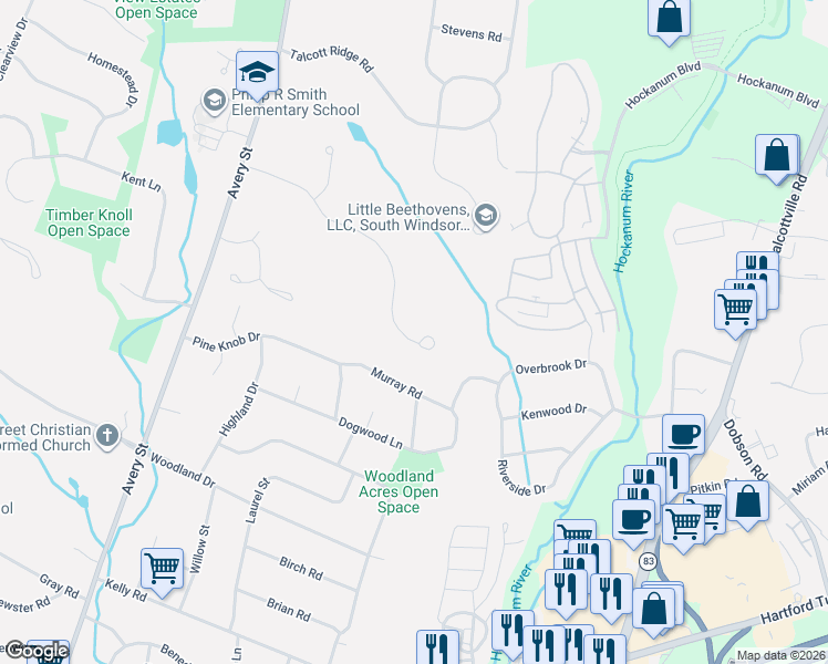 map of restaurants, bars, coffee shops, grocery stores, and more near 137 Cornerstone Drive in South Windsor